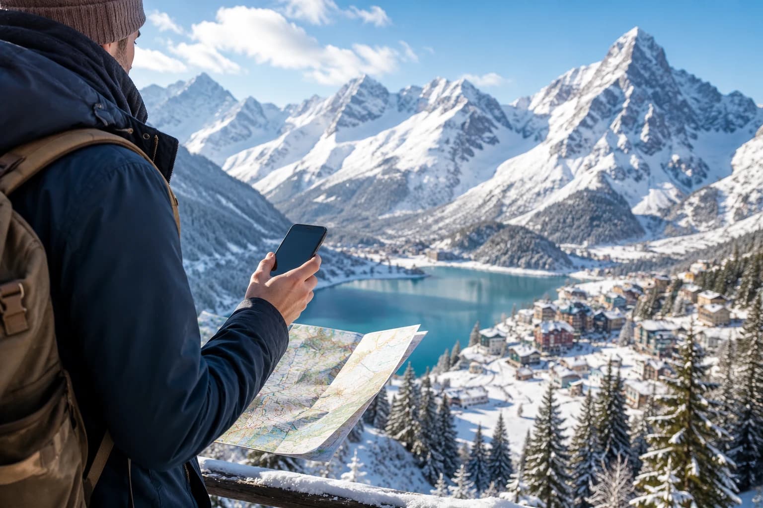 Viajero consultando su teléfono en un destino nevado